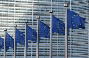 European Union flags at the EU building in Brussels, Belgium.